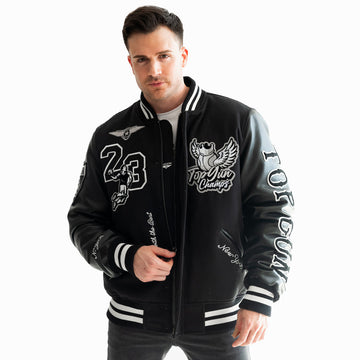 Men's FLYING LEGEND Leather Varsity Jacket - Black