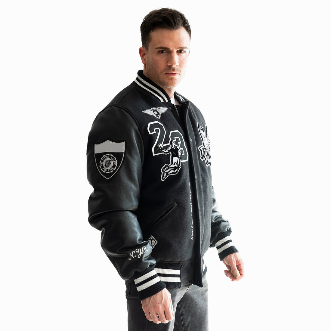 Men's FLYING LEGEND Leather Varsity Jacket - Black