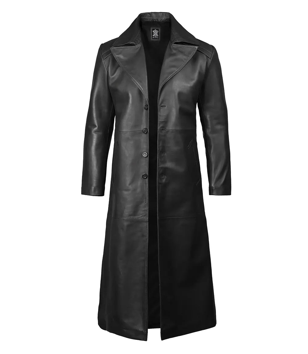 Men’s Full Length Real Leather Black Duster Coat