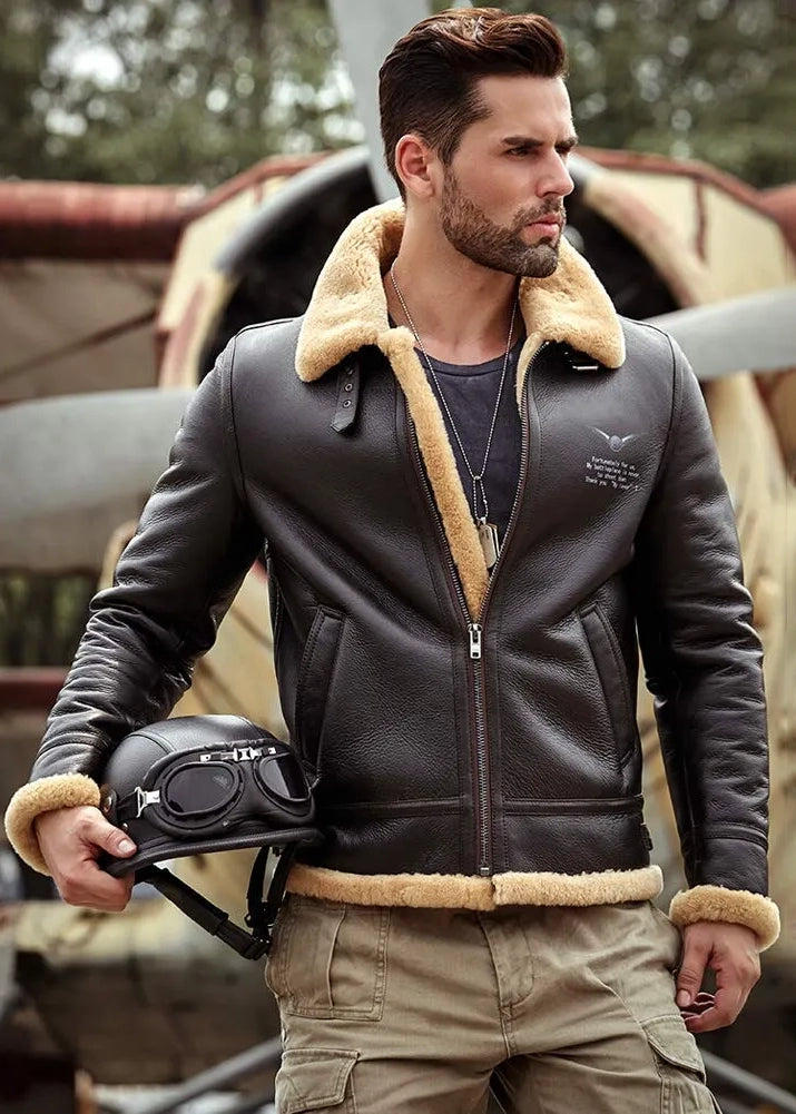 Men's Fur & Shearling Sheepskin Leather Jacket in Brown
