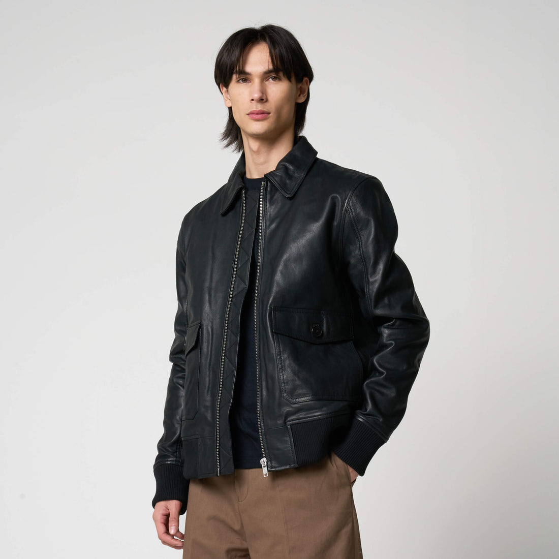 Men’s Goat Leather Patch Pocket Bomber Jacket