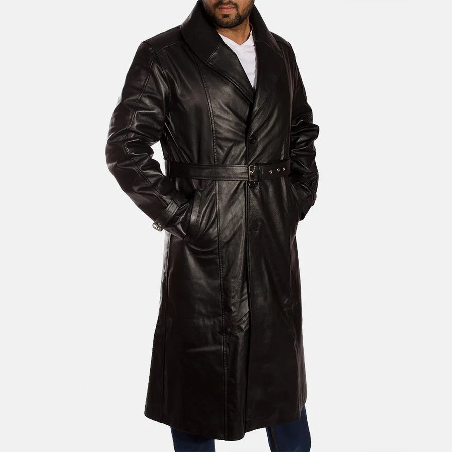Men's Hooligan Black Leather Trench Coat