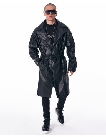 Men's Long Leather Trench Coat With Belt