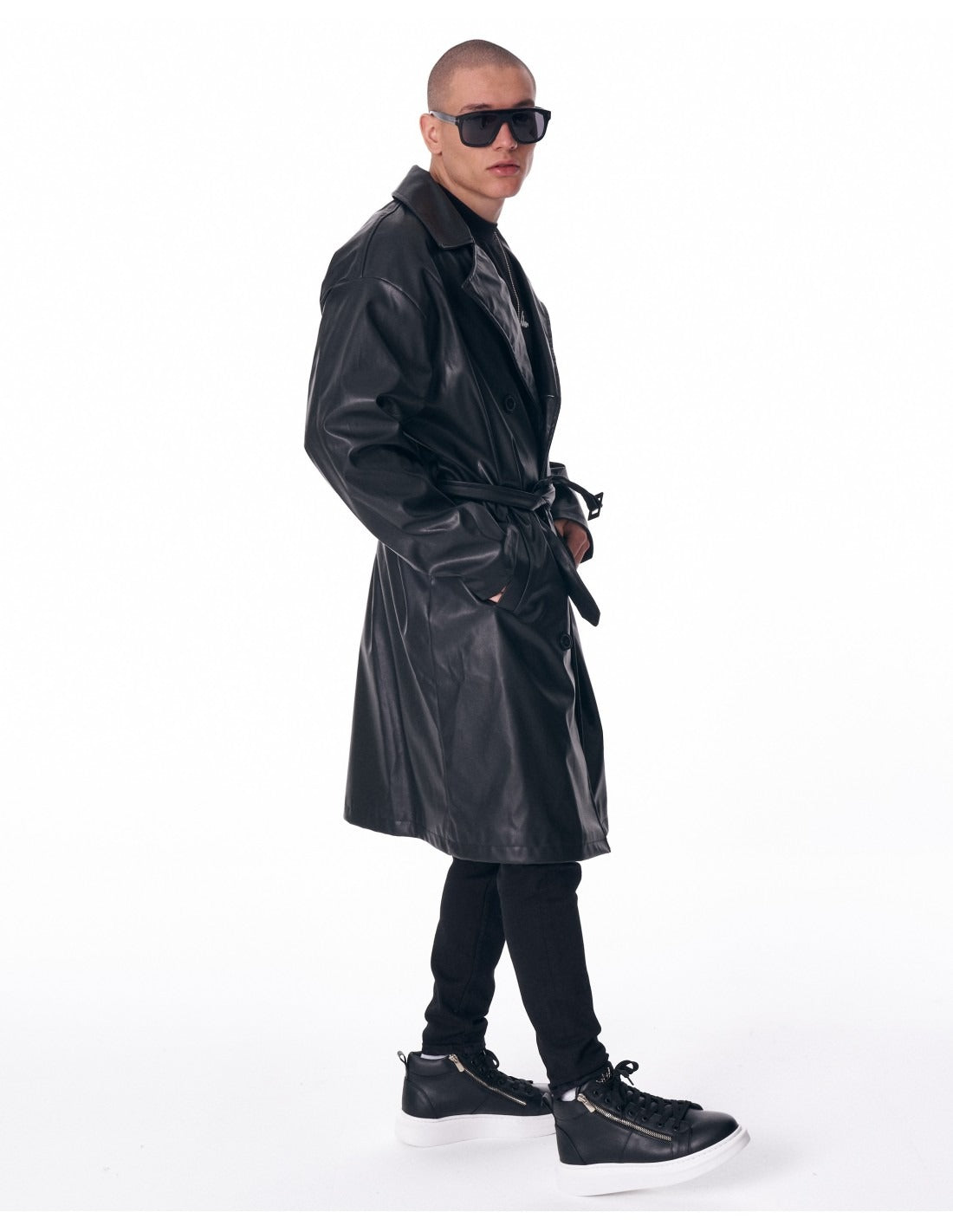 Men's Long Leather Trench Coat With Belt