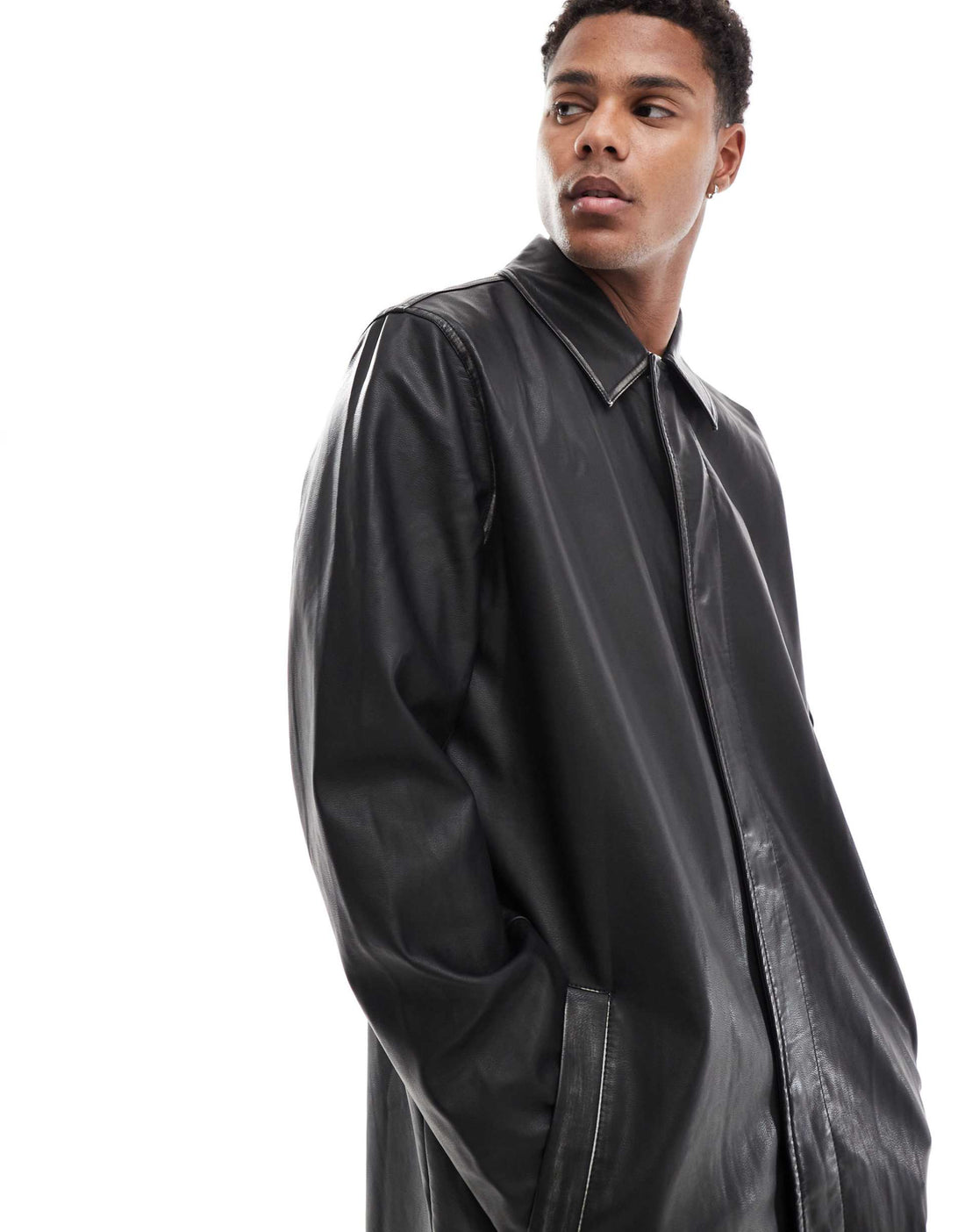 Men's Oversized Leather Trench Coat with Belt in Black