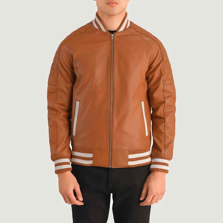 Men's Pascal Tan Brown Leather Varsity Jacket