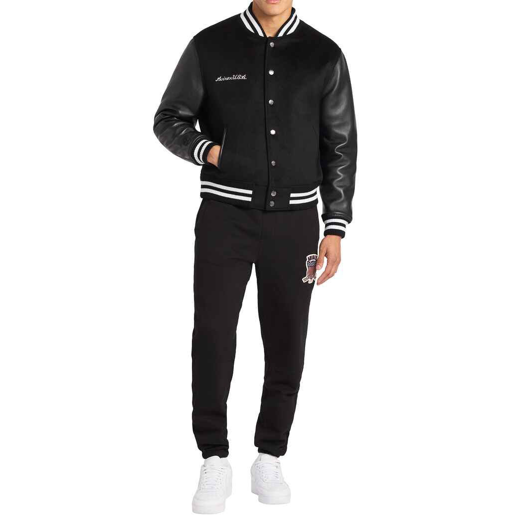 Schwarze Varsity-Lederjacke aus Wolle mit gestreiftem Kragen für Herren