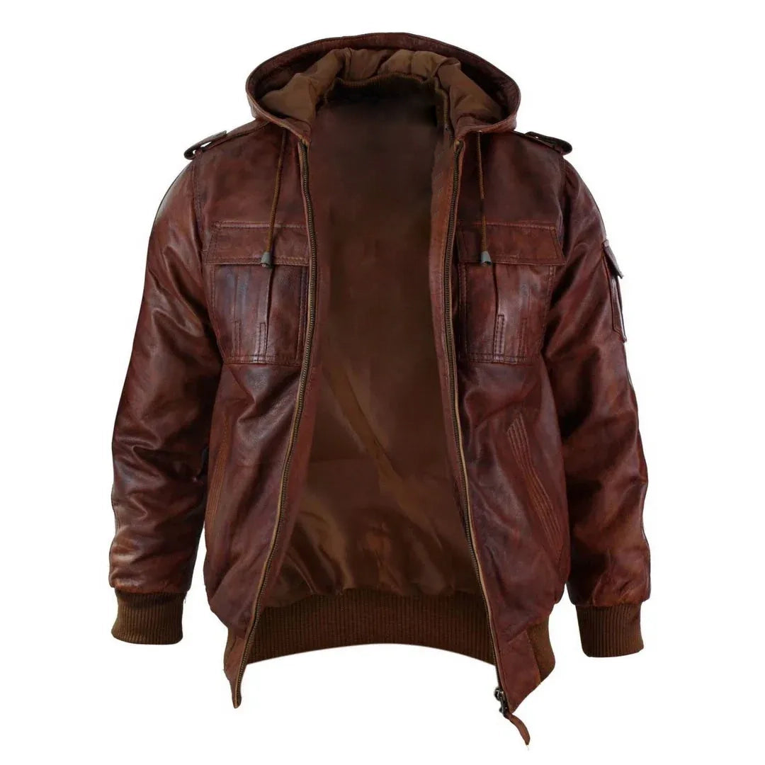 Chaqueta de cuero con capucha de corte regular en color tostado para hombre