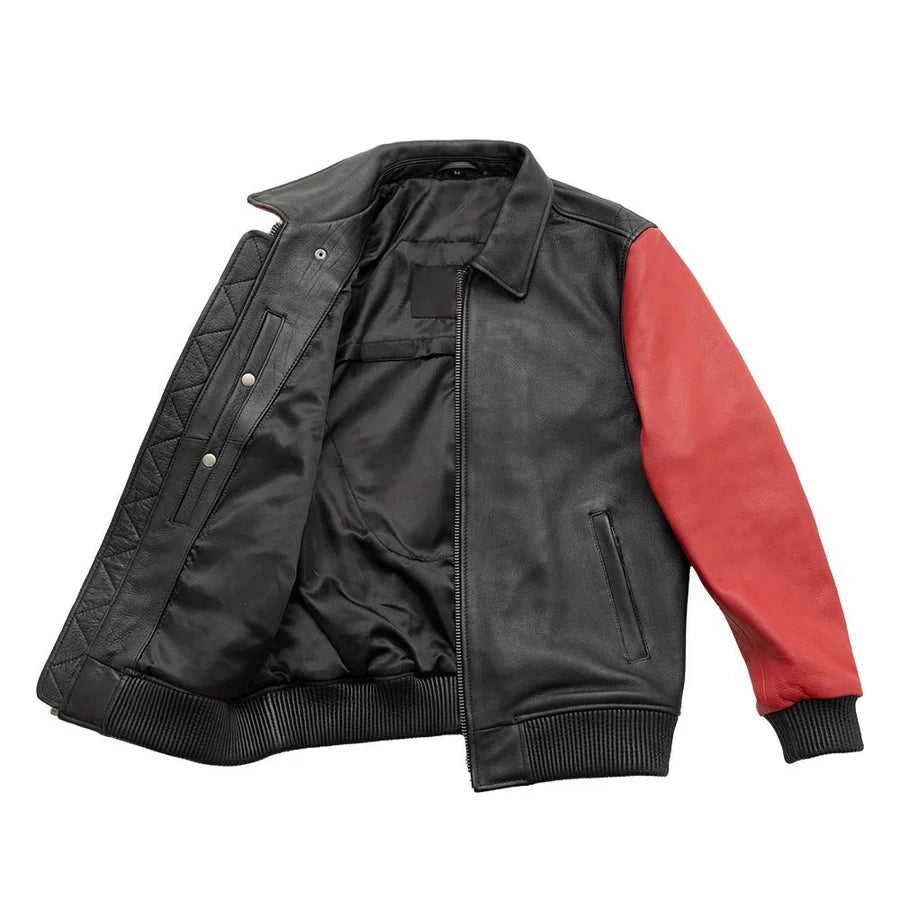 Zweifarbige Moto Bomber Lederjacke für Herren in Rot