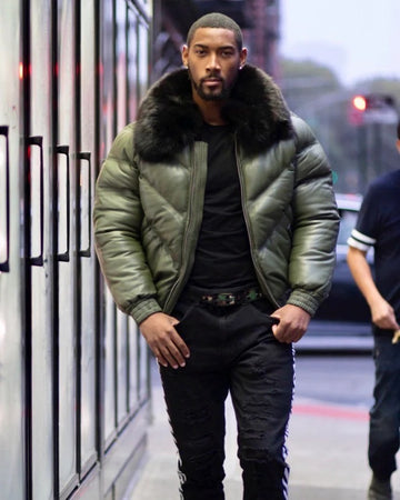 Men's V BOMBER- OLIVE GREEN ( BLACK FUR)