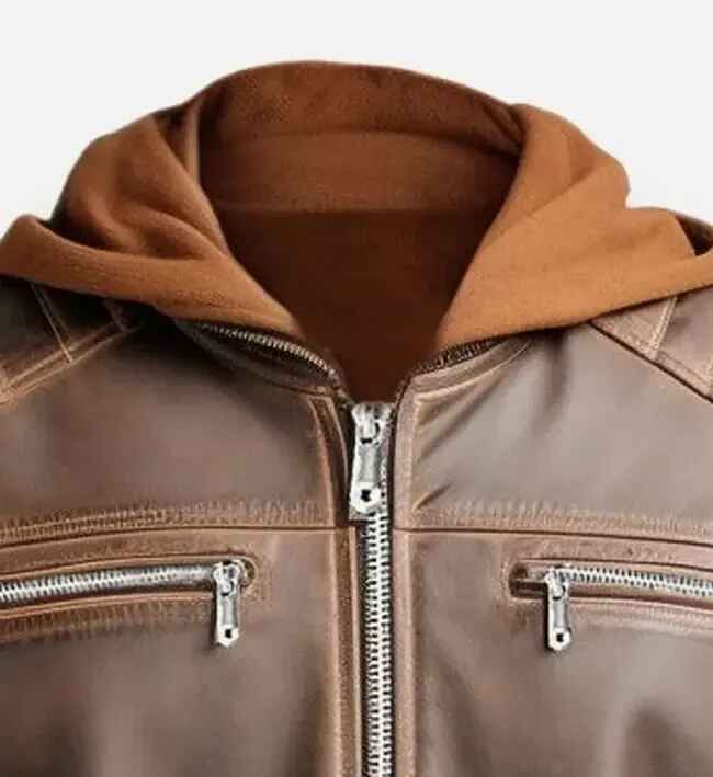Modische braune Lederjacke mit abnehmbarer Kapuze für Herren