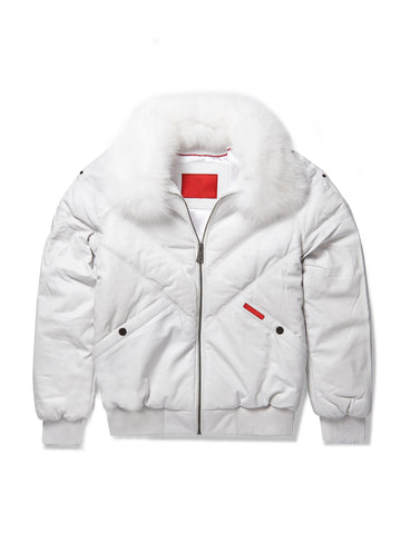 Men's White Detachable Fox Fur Collar V-Bomber leather Jacket