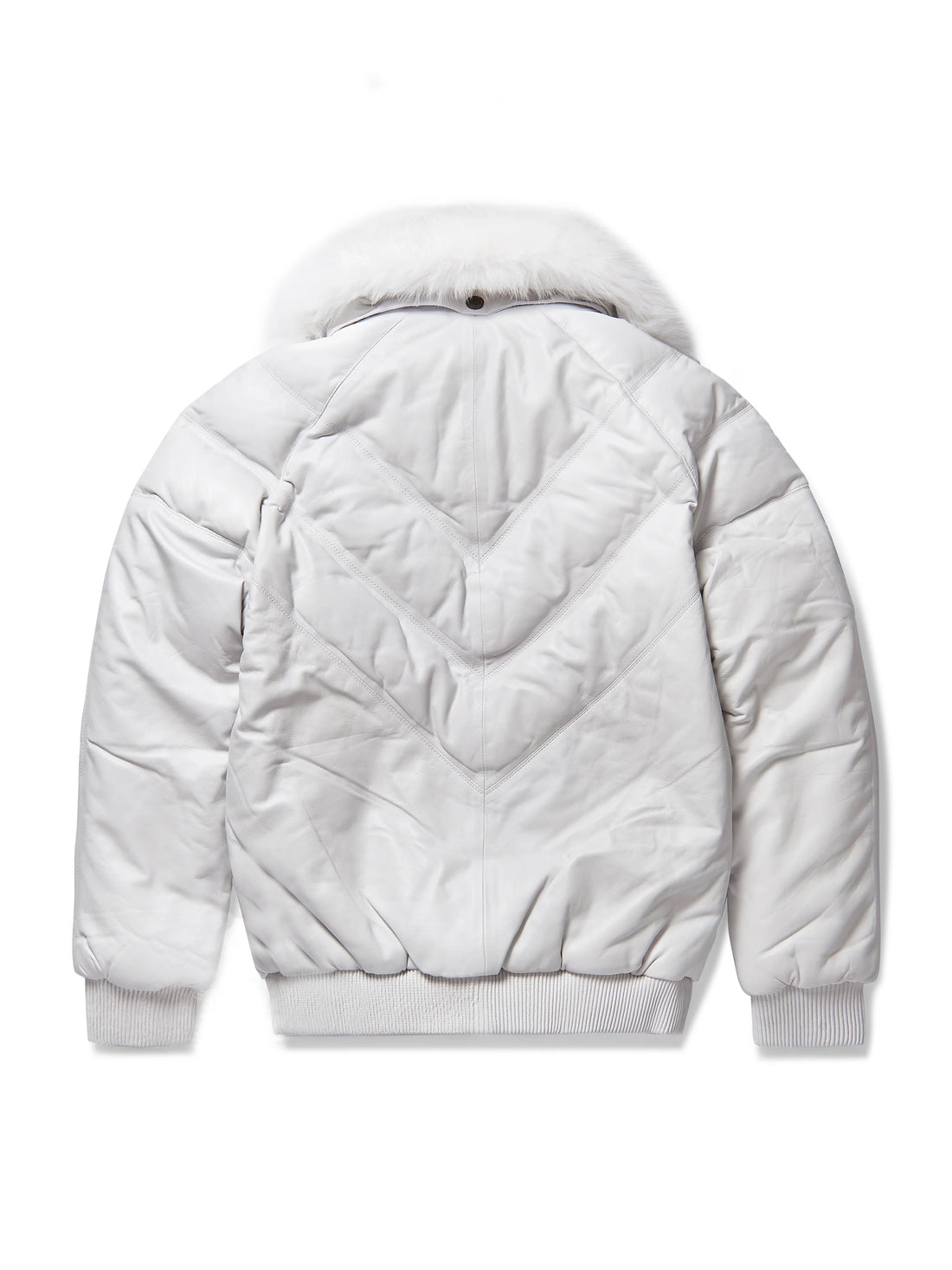 Weiße V-Bomber-Lederjacke für Herren mit abnehmbarem Fuchspelzkragen