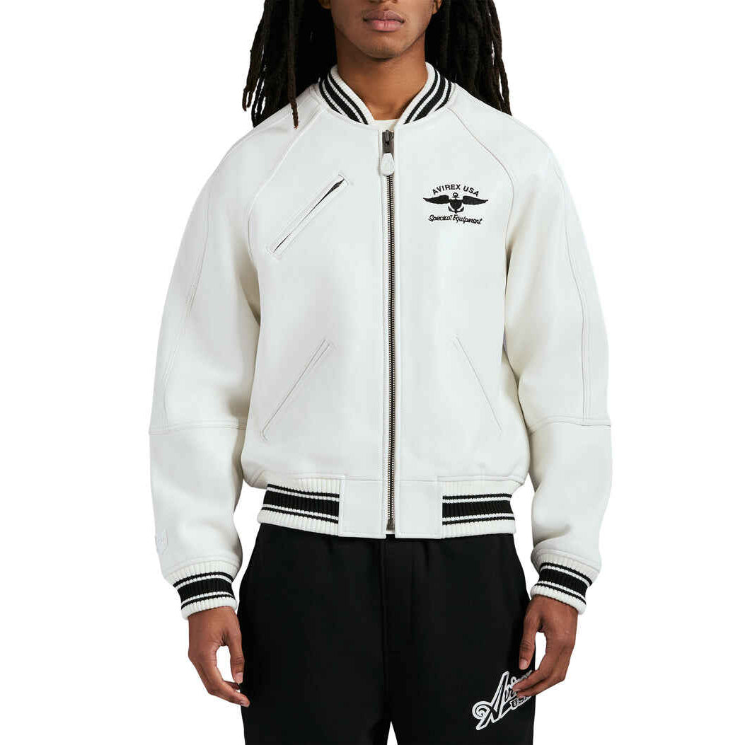 Men's White Stadium Varsity Leather Bomber Jacket