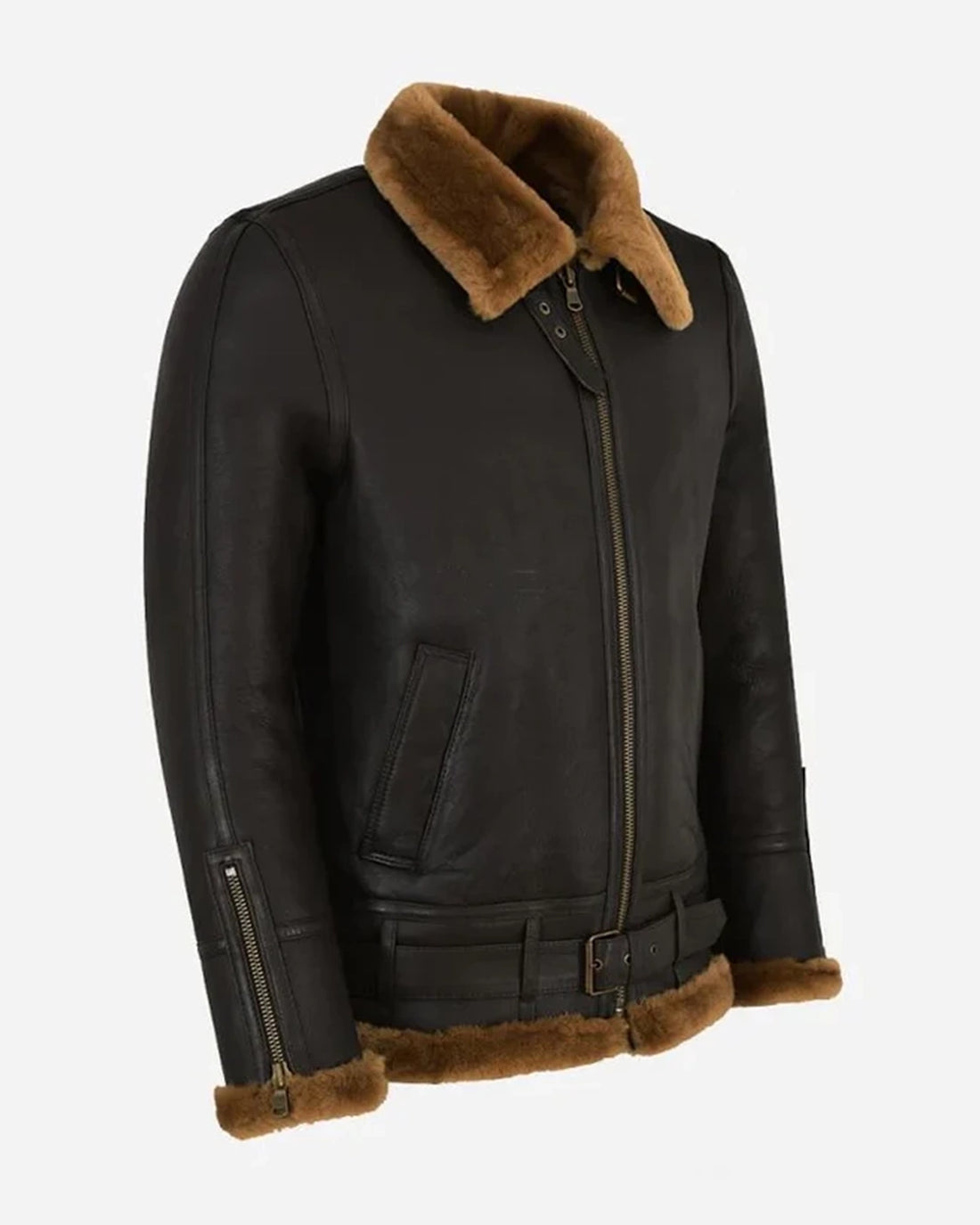 Herren-Schaffelljacke B3 mit Gürtel in Braun & Ingwer