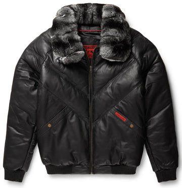 Men's Black Detachable Fox Fur Collar V-Bomber leather Jacket