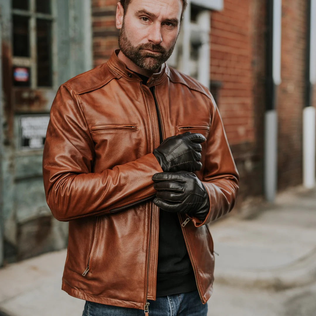 Men's Light Brown Leather Moto Jacket