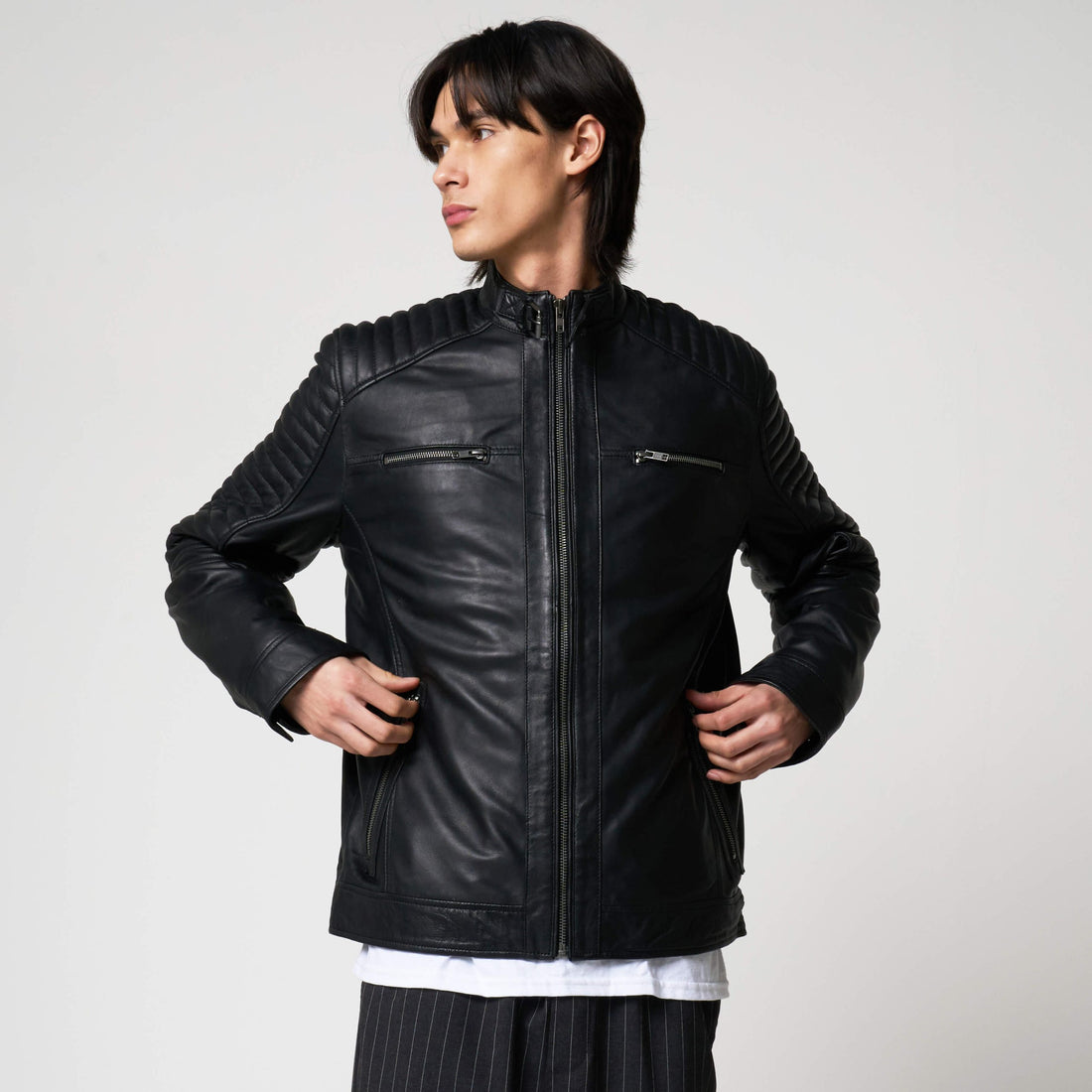 Men’s Leather Racer Jacket with Quilted Shoulders