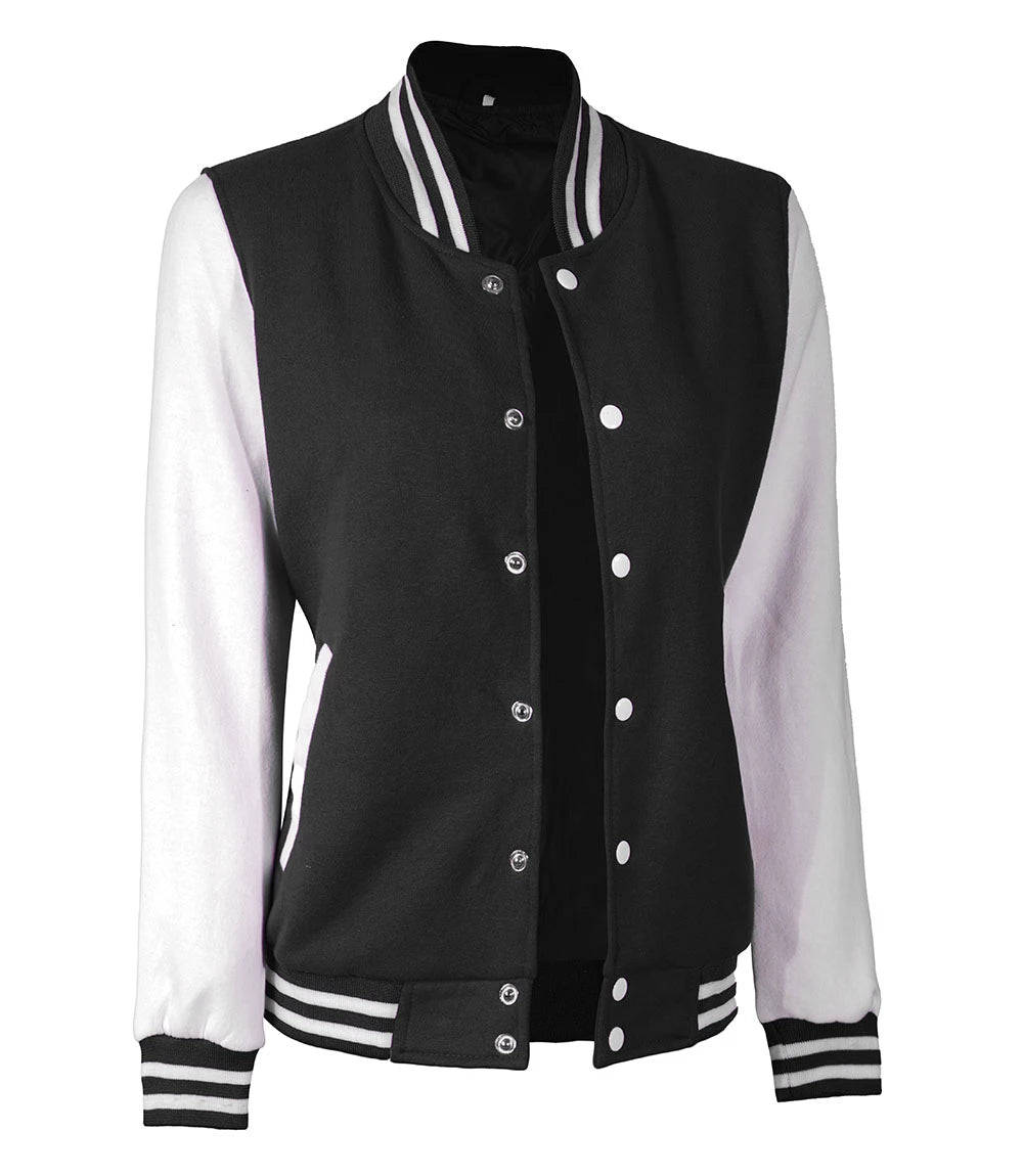 Chaqueta universitaria blanca y negra para mujer | Ropa de abrigo estilo béisbol