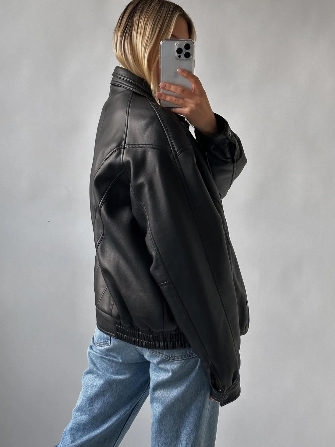 Women's 80s Retro Black Oversized Straight Cut Sheepskin Leather Jacket