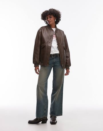 Damen Oversize-Bomberjacke aus Leder mit Baseballkragen