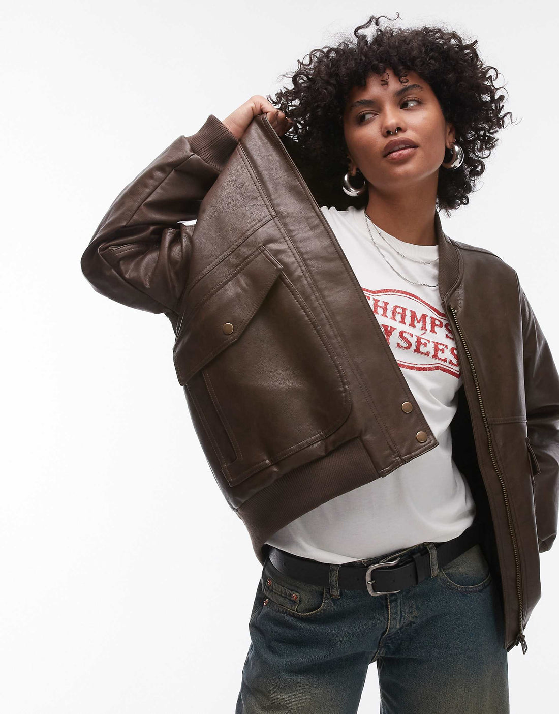 Chaqueta bomber de cuero extragrande con cuello de béisbol para mujer