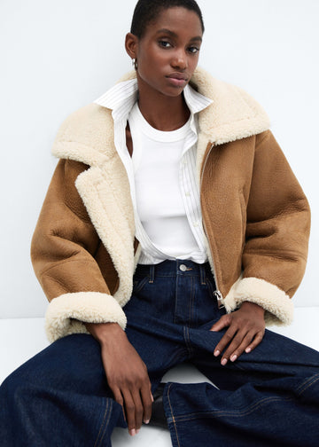 Women's Beige Leather-Effect Fur Shearling Jacket