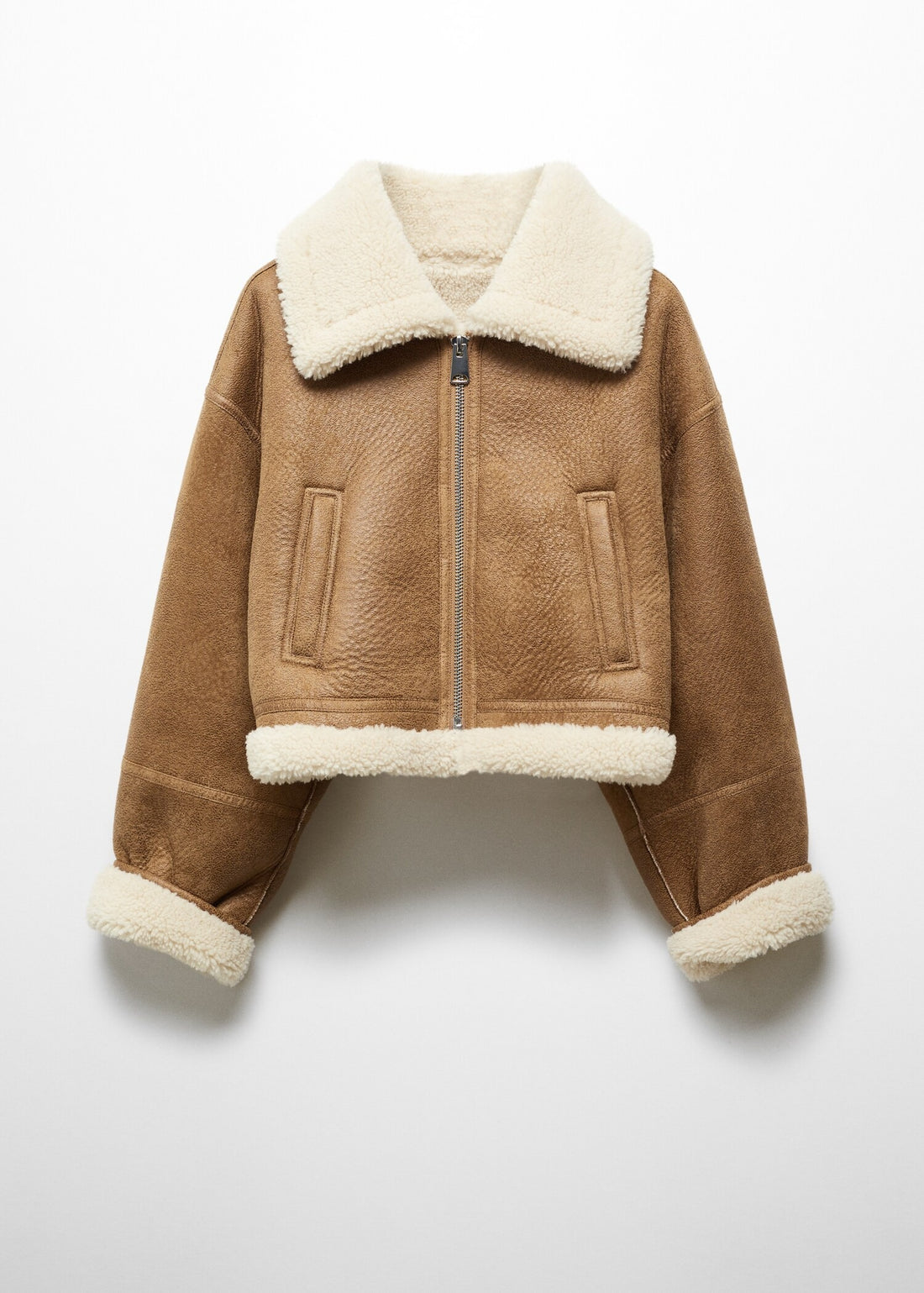 Women's Beige Leather-Effect Fur Shearling Jacket