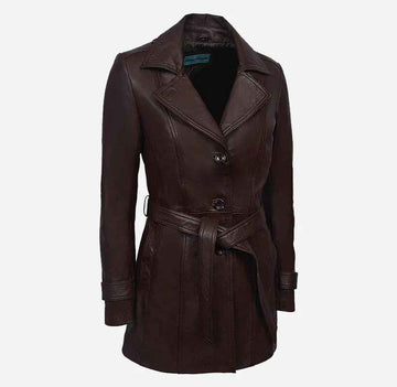 Women's BellaForma Tie Belted Slim Fit Leather Trench Coat