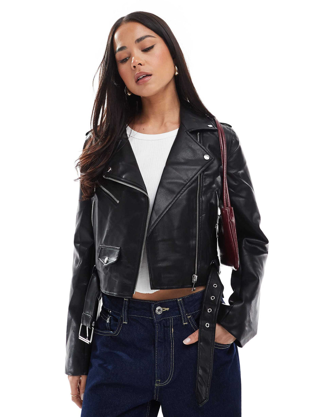 Women's Belted Hem Faux Leather Biker