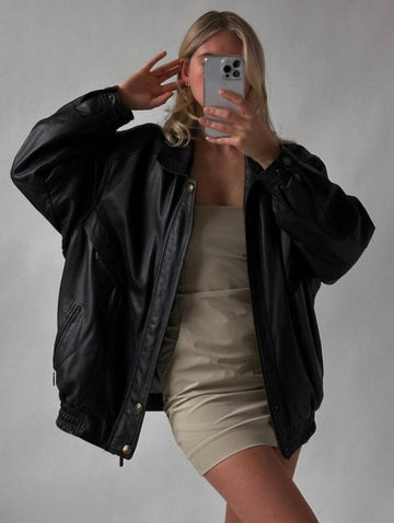 Women's Black Adjustable Cuffs And Hems Oversized Leather Jacket