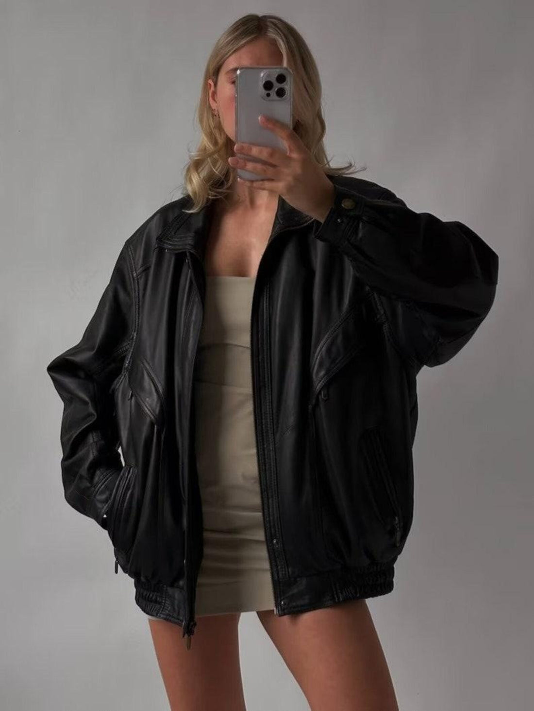 Women's Black Adjustable Cuffs And Hems Oversized Leather Jacket