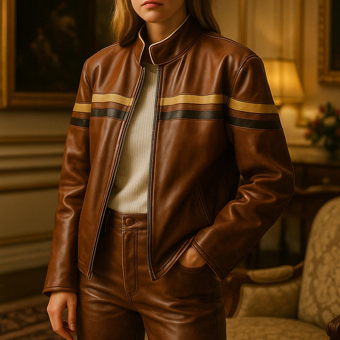 Women’s Black And Tan Stripped Chest And Sleeves Oversized Leather Jacket