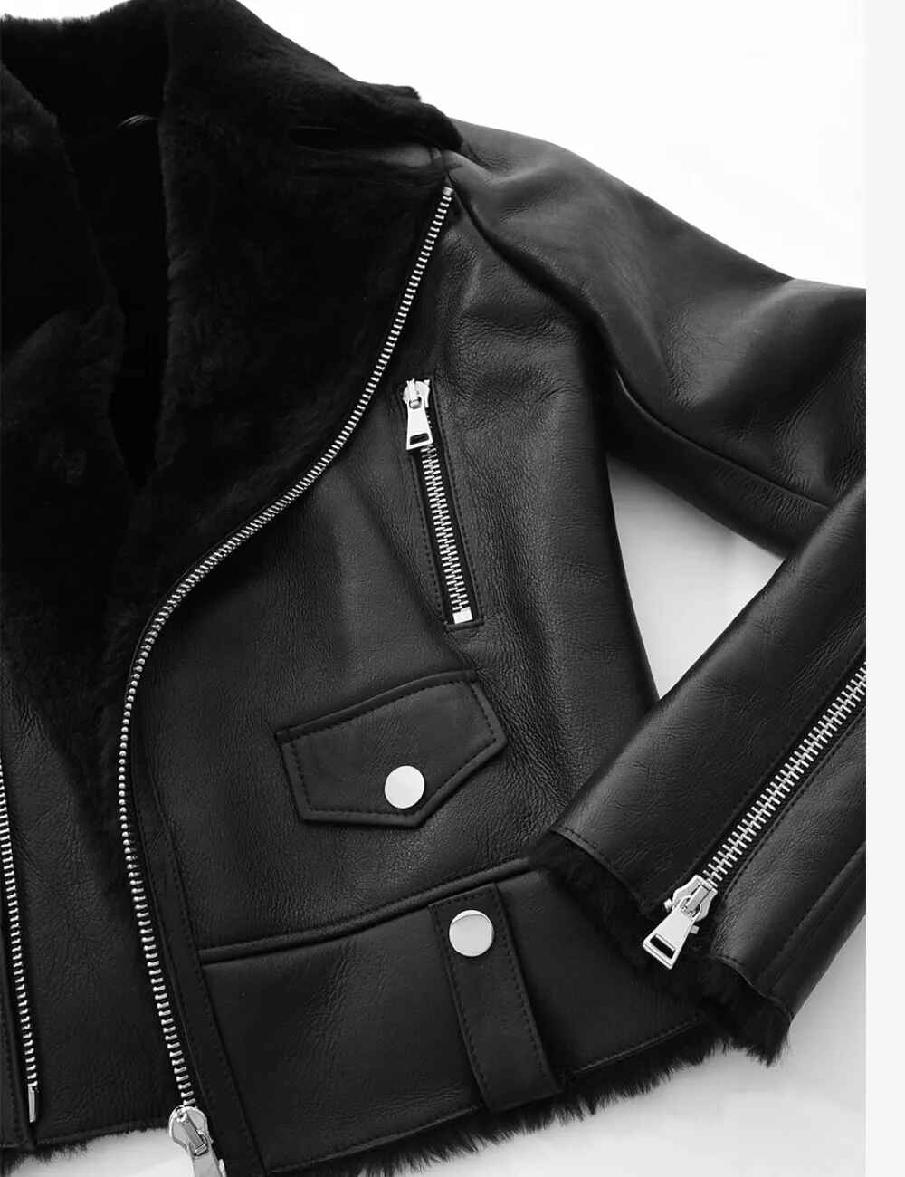 Schwarze Arctic Luxe-Leder-Shearling-Jacke für Damen
