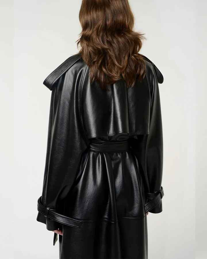 Women's Black Belted Leather Trench Coat
