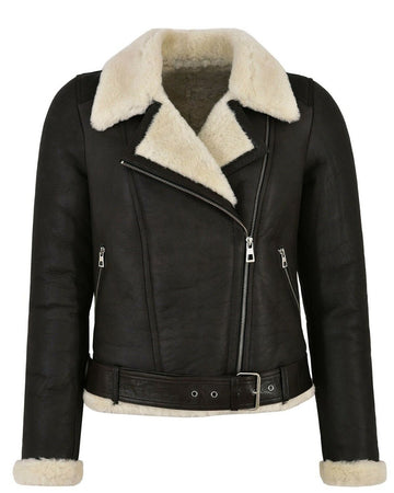 Women's Black Biker Style Shearling Leather Jacket