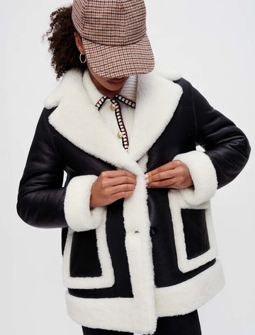 Women's Black Buttoned Shearling Leather Jacket