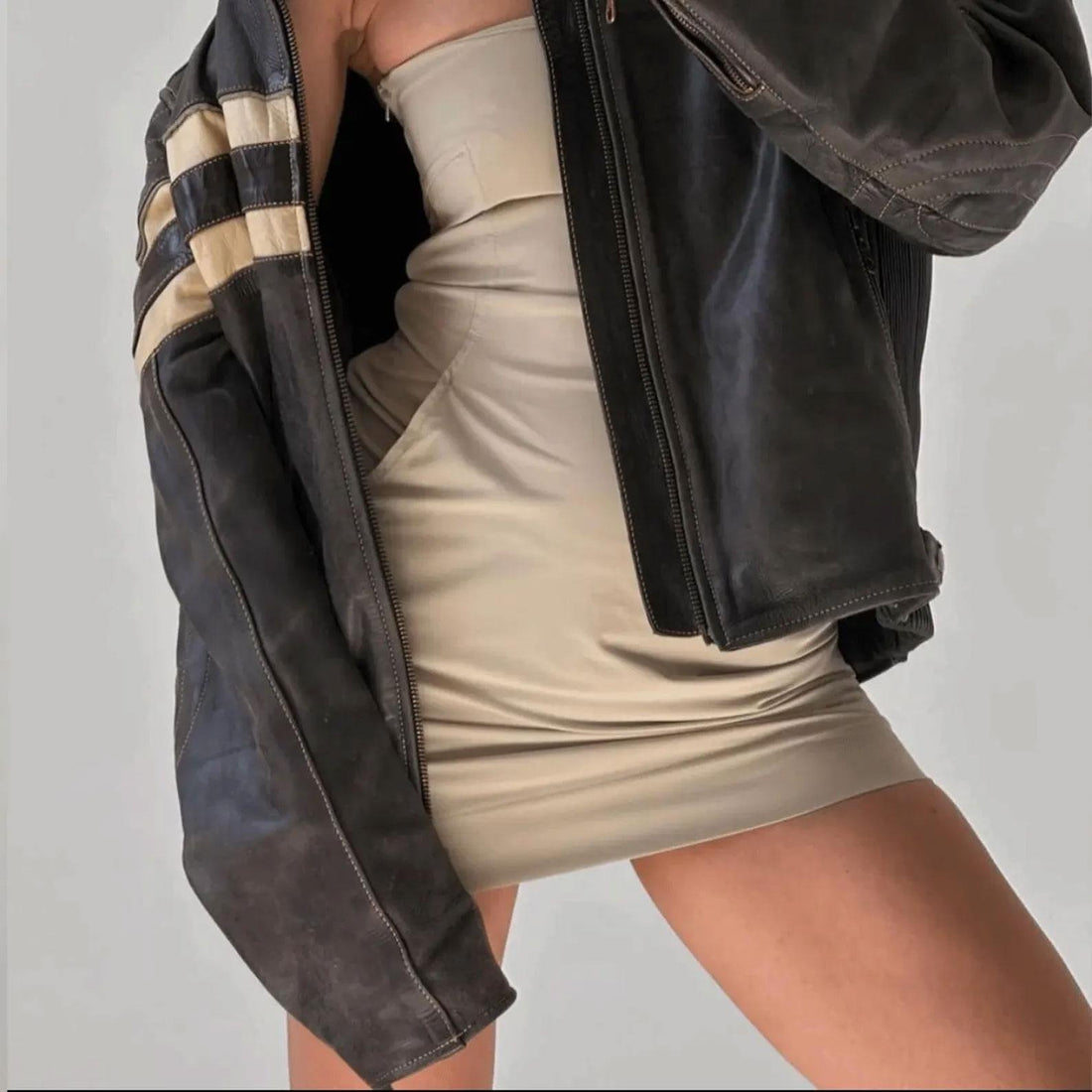 Women's Black Classic White Stripped Chest And Sleeves Oversized Leather Jacket