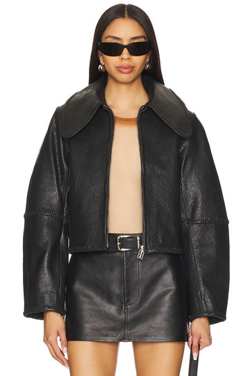 Women's Black Collar Simple Leather Jacket