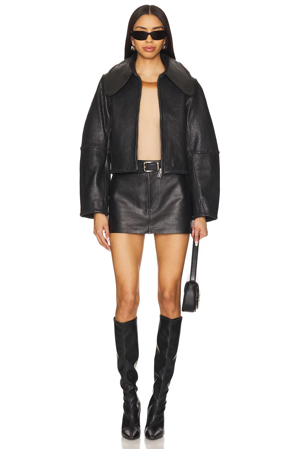 Damen Schwarze Kragen Einfache Lederjacke