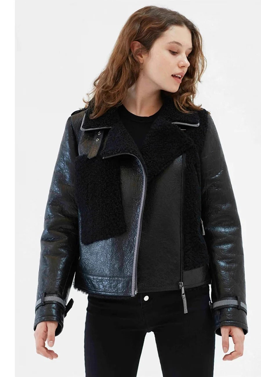 Women’s Black Collared Fur Leather Shearling Jacket