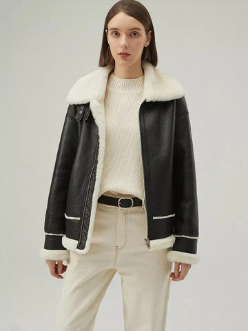 Women’s Black Collared White Fur Leather Shearling Jacket