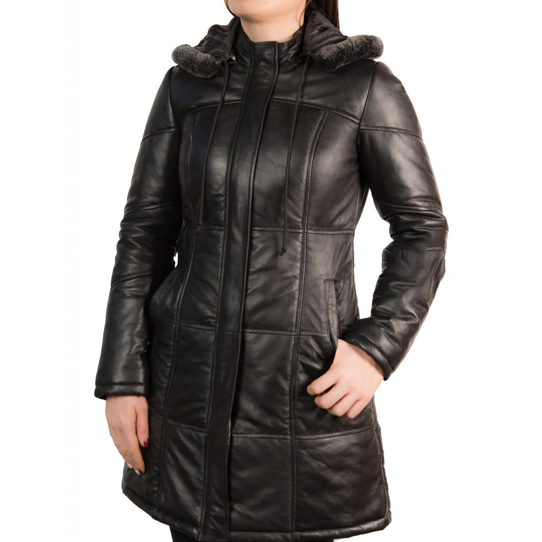 Women's Black Detachable Hood Leather Coat