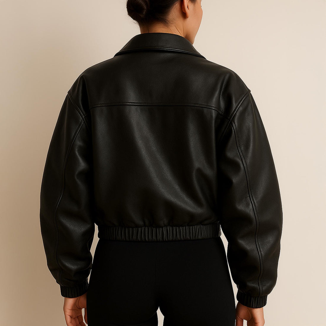 Women's Black Elasticated Cuffs And Hems Oversized Pure Leather Jacket Women