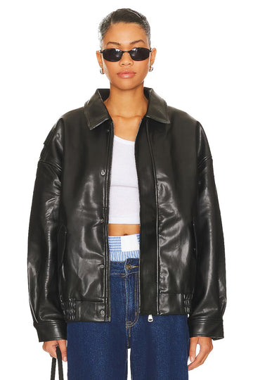 Schwarze Bomberjacke aus Kunstleder für Damen