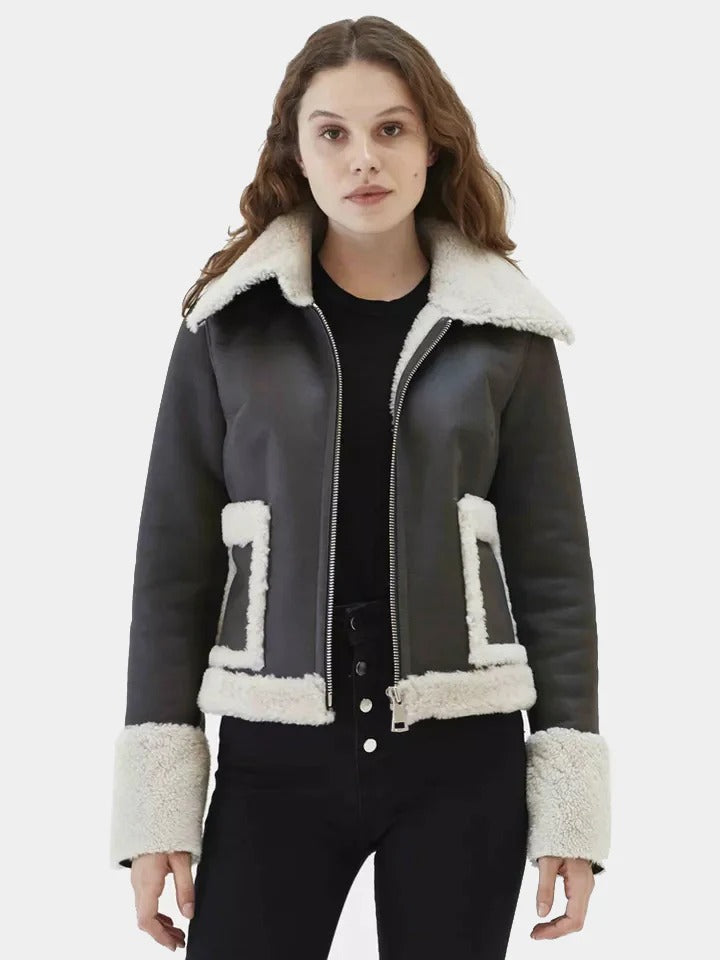 Women's Black Fur Collar Shearling Leather Jacket