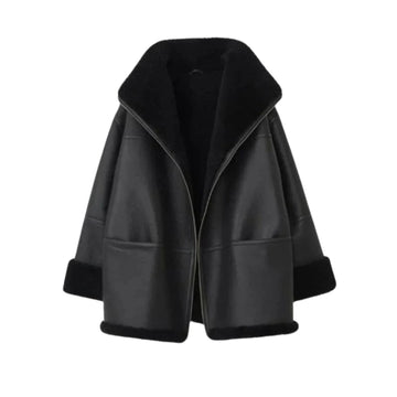 Women's Black Genuine Lambskin Leather Shearling Coat