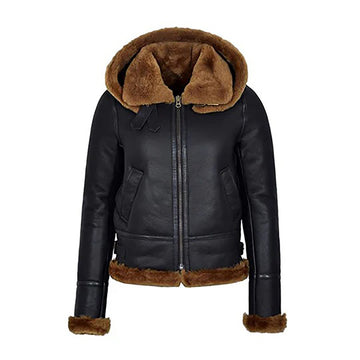 Women's Black Hooded B3 Flying Shearling Leather Jacket