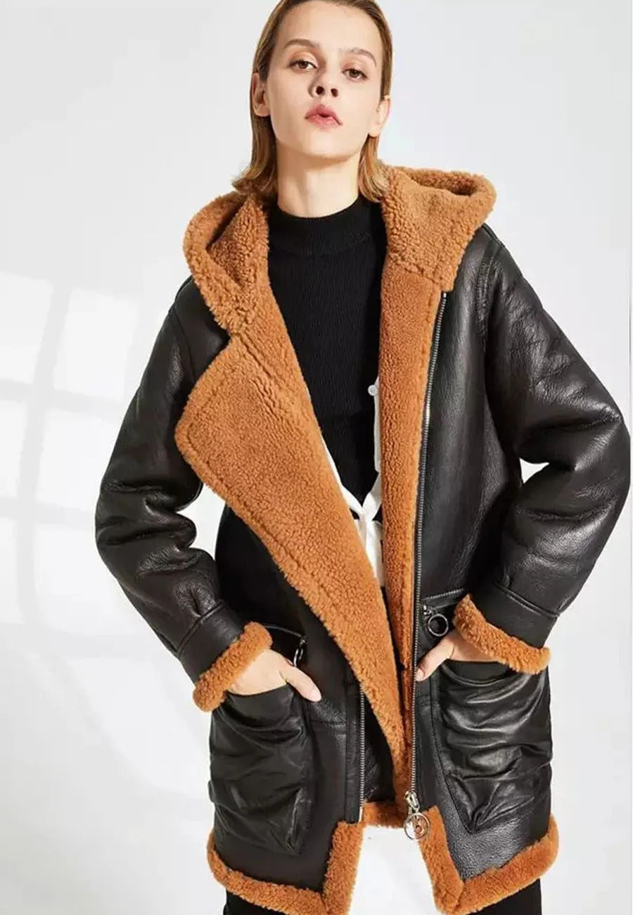 Women’s Black Hooded Leather Orange Shearling Fur Long Coat