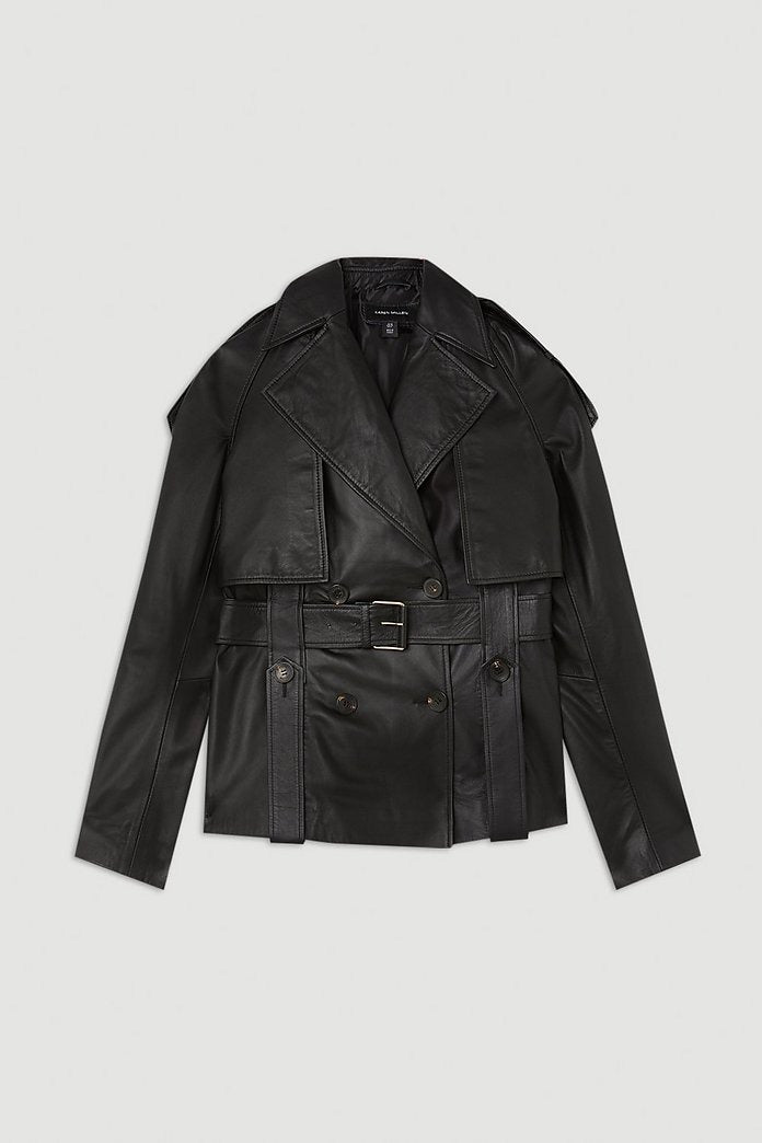 Women's Black Belted Leather Trench Coat